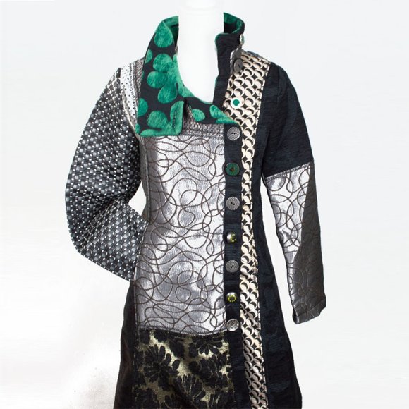 DESIGUAL Embroidered Long Sleeve Patterned Cotton/Wool Blend Coat - Picture 9 of 16